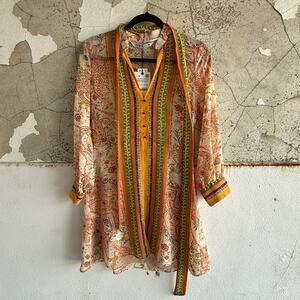 Zara Boho Paisley Tunic Dress Beige Orange Sheer Long Sleeve Top Size XS NWT